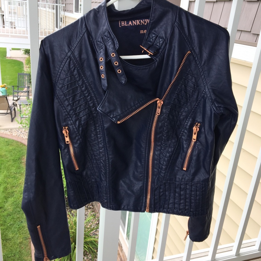 Navy rose gold leather moto jacket
